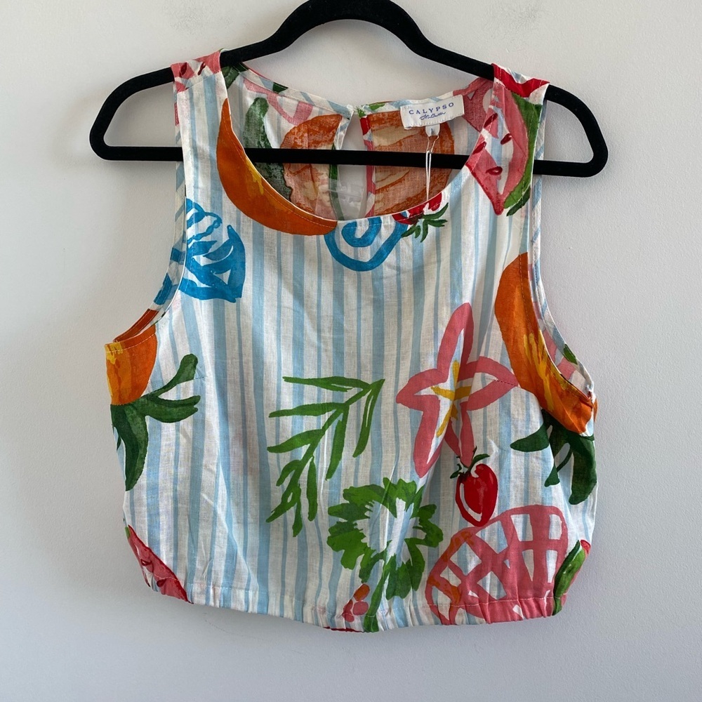 Calypso St. Barth Multicolor Striped Tropical Linen Blend Blouse Size Large New